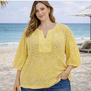 NWT CHICOS Womens Top Size 4 (XXL) Yellow & White Eyelet Tunic 100% Cotton